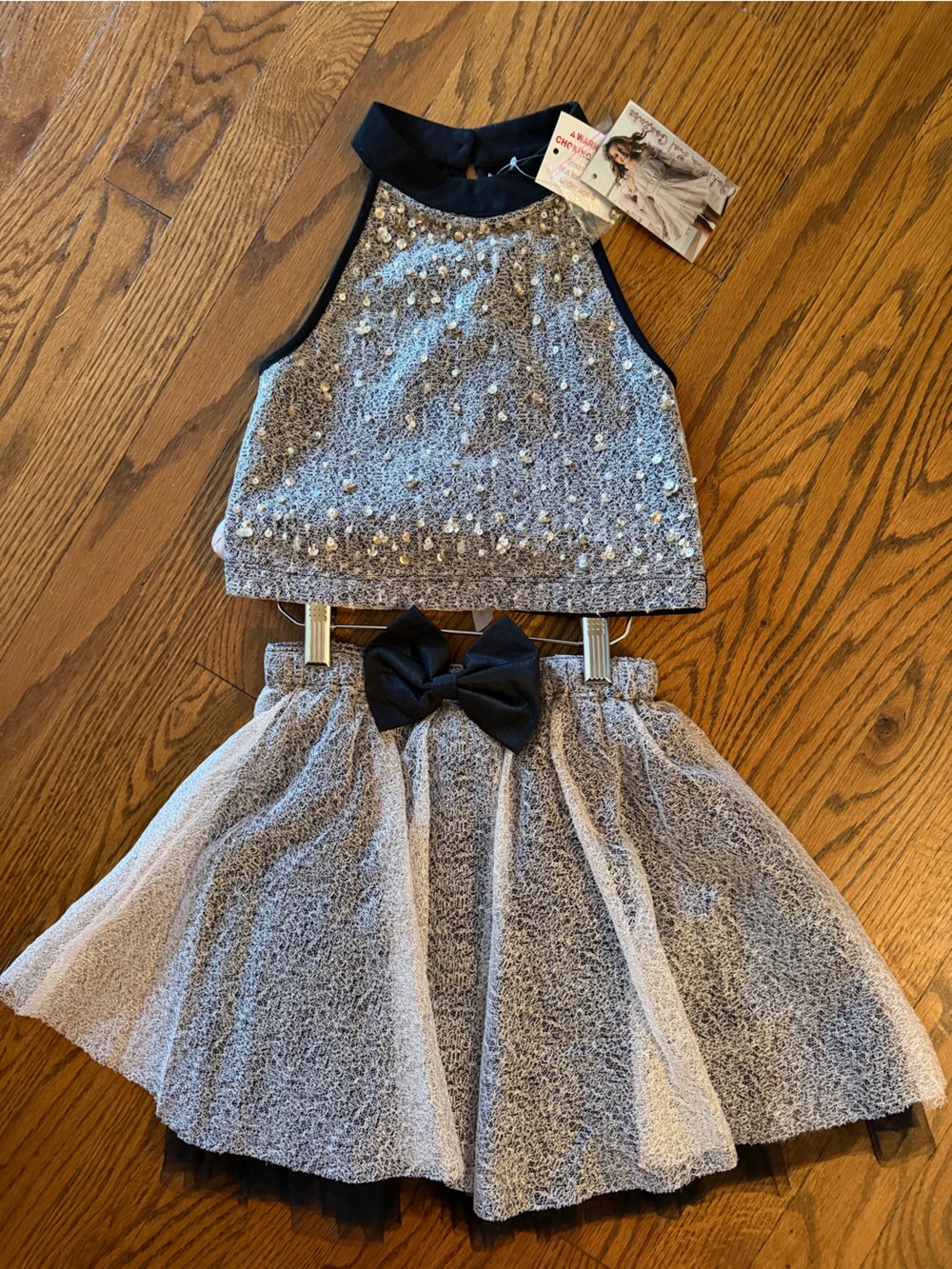 Ooh! La, La! Couture Silver Sequin Halter Bodysuit with Black Bow Skirt